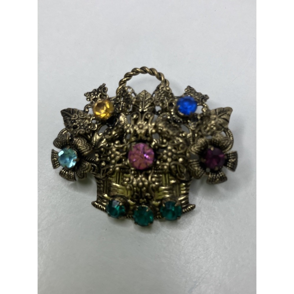 Vintage Brooch Mothers Pin Colorful Flower Basket Rhinestone Gold Tone 1 1/2"